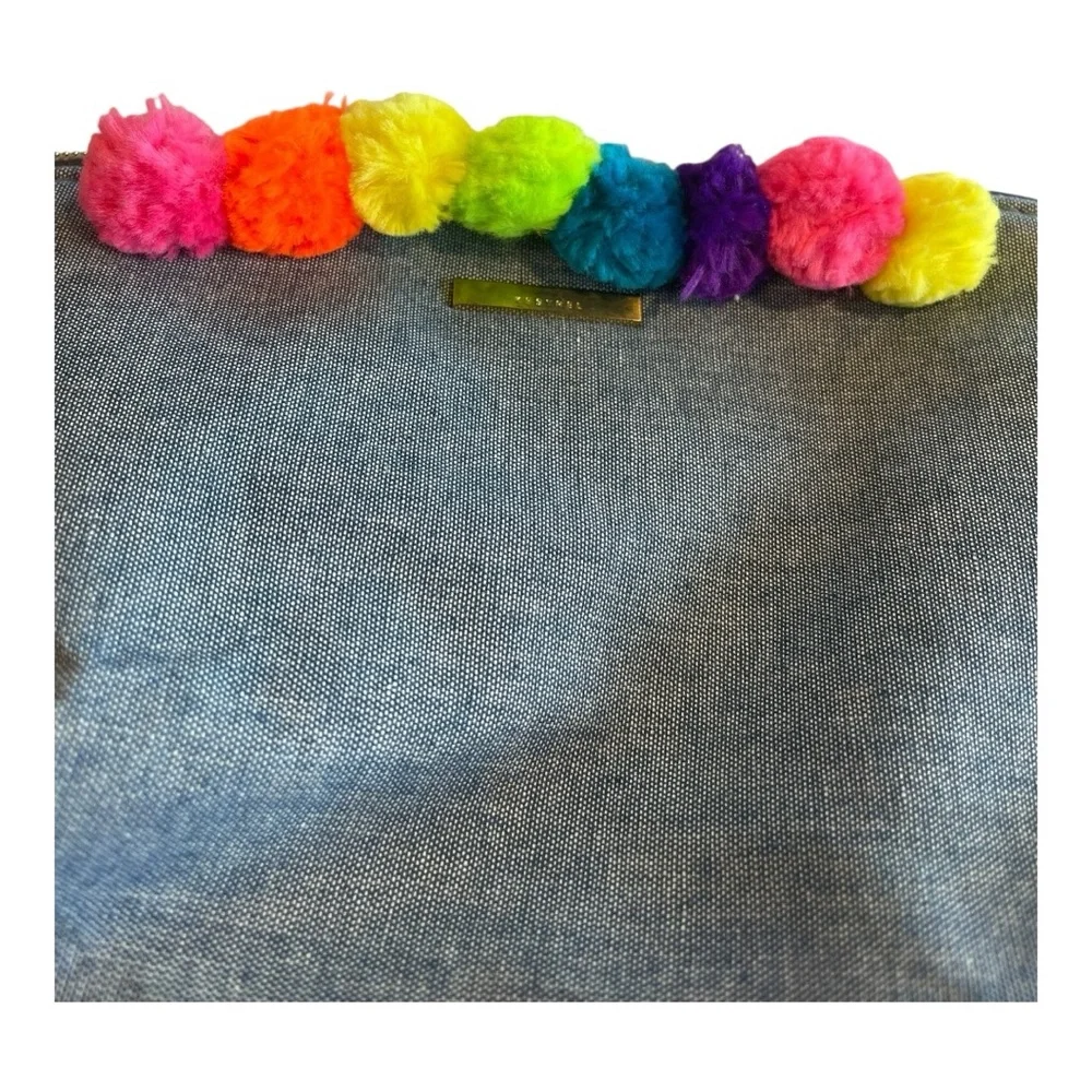 Kestrel Denim Cosmetic Bag Rainbow Pom Pom Makeup Pouch Travel Case - Picture 4 of 9